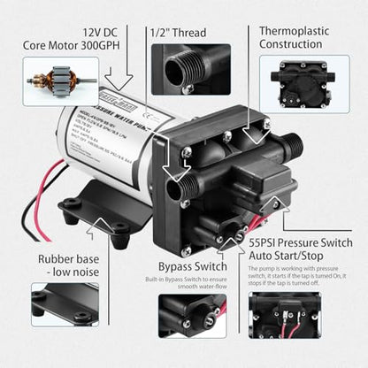 RV Water Pump 12 Volt DC 5.0GPM 55PSI Replacement For 4008-101-A65 Water Pump Self Priming Diaphragm Pump with Pressure Switch for RV Kitchen Bathroom Marine Yacht Garden Camper Water Pumps - color: Plastic