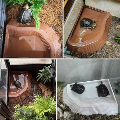 3 Pcs Tortoise Water Dish with Ramp Leaf Tortoise Water Food Bowls Reptile Water Dish Amphibians Habitat Accessories for Lizard Turtle Horned Frog Brown