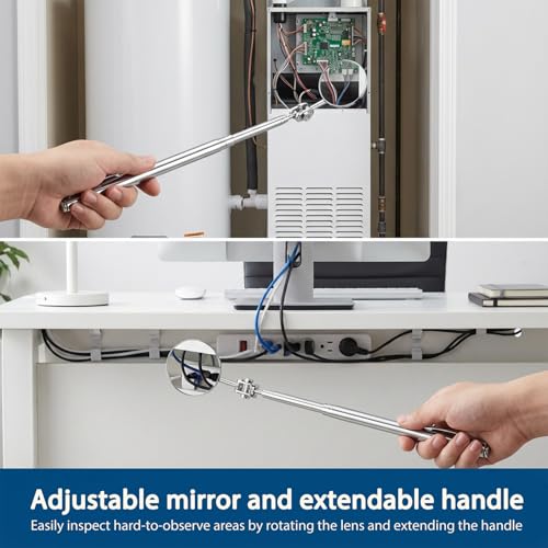 3 Pcs Stainless Steel Extendable Mechanic Mirror, Telescoping Inspection Mirror with Rotating Head, Round Mirrors on a Stick, Mechanical Mirrors Tool with Long Handle and Clip-On Design for Mechanics