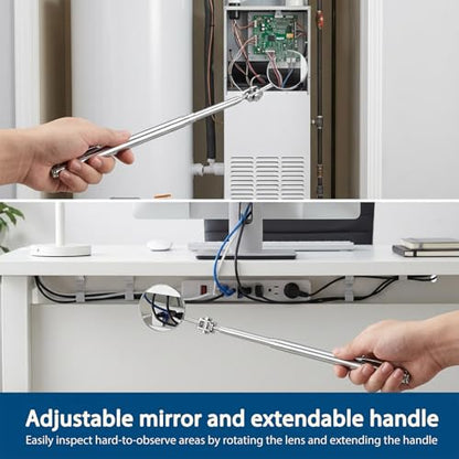 3 Pcs Stainless Steel Extendable Mechanic Mirror, Telescoping Inspection Mirror with Rotating Head, Round Mirrors on a Stick, Mechanical Mirrors Tool with Long Handle and Clip-On Design for Mechanics