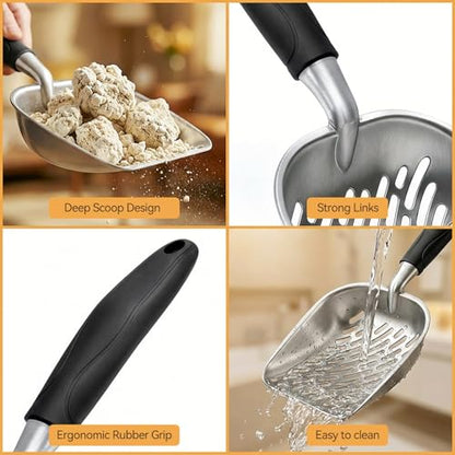Cat Litter Scoop, Large Long Handle Kitty Metal Scooper | Heavy Duty Aluminum Deep Sifter, Ergonomic Non-Slip Grip, Rustproof Durable Poop Cleaner for Cat Litter Box - color: Black, size: Large