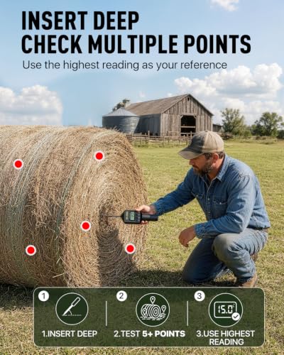 Hay Moisture Tester with 20" Probe, Moisture & Temperature Meter for Round and Square Hay Bales, Fast Backlit Readings, Calibration Clip Included, Black - color: Black