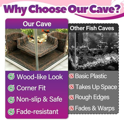 2 Pcs 90° Corner Fish Cave Viewing Tunnels, Compatible with Aquarium Cave | Featuring a Natural-Looking Wood-Like Design Made of BPA-Free Premium Resin, Fish Tank Hideout, Safe Corner Tank Decor