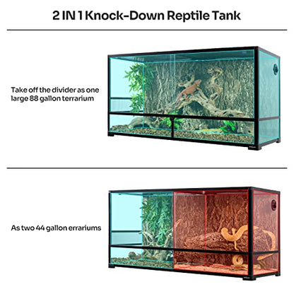 REPTIZOO 88 Gallon Large Reptile Terrarium 48" x 18" x 24" Knock-Down Glass Reptile Tank with Double Hinge Door & Screen Ventilation, Supporting Used as 2 Separate Habitats Easy Assembly - size: 48" x 18" x 24"