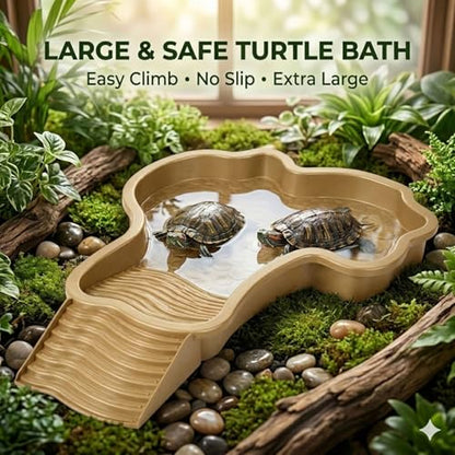 Large Turtle Water Bowl, Reptile Bathing Pool Tortoise Water Dish Bearded | Dragon Water Fountain Non-Slip Reptile Food Dish for Tortoise Gecko Lizard Snake Terrarium Habitat (Brown) - color: Brown