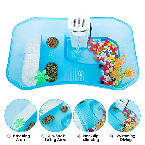 Small Turtle Tank with Multi-Function Areas | Easy Assembly, Ideal for Small Turtles & Reptiles, Includes Plastic Tree, Includes Fishing Net - color: Blue