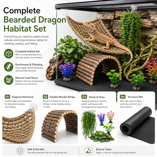 HERCOCCI Bearded Dragon Tank Accessories, Reptile Mat Bridge Hammock | Flexible Jungle Climbing Vines and Leaves Habitat Décor for Hiding& Climbing Snake Gecko Lizard Chameleon - size: Large