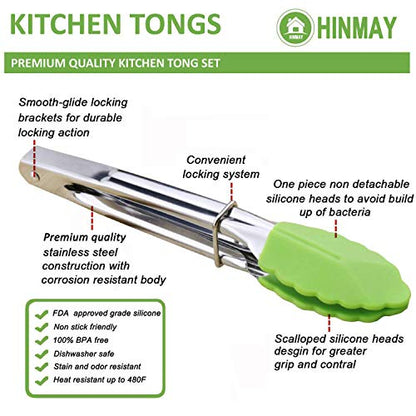 HINMAY 7" Mini Tongs with Silicone Tips, Set of 3 (Green) | 7 Inches Silicone Cooking Tongs - color: Green