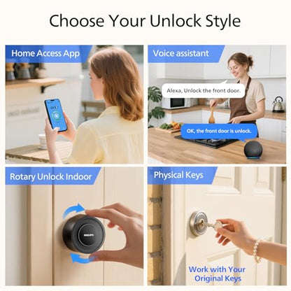 Philips WiFi Smart Retrofit Lock, Update Your Existing Deadbolt, Built-in WiFi, App Remote Control, Smart Deadbolt with Voice Control, Real-Time Notification, Auto Lock, Interior Knob, Matte Black - color: Matte Black, size: WiFi Deadbolt