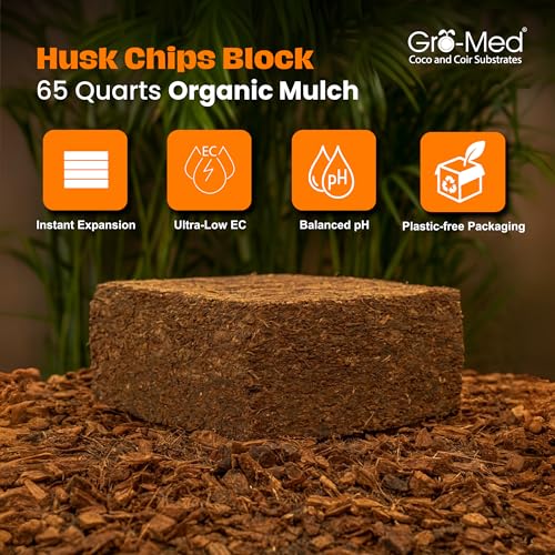 Coco Husk Chips for Plants (10lb) Compressed Coconut Chips Expands Upto 16 Gallon Coco Coir Mulch for Gardening,Potting & Garden Soil -Orchid Bark Alternative,OMRI Listed,Low EC & pH Balanced - size: 1 Pack Coco Husk Block (10 lb)