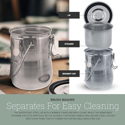 U.S. Art Supply Large Stainless Steel Leak-Proof Deluxe Paint Brush Washer with Wash Tank, Clip-On Lid, and Strainer Cup - Oil Paint Brush Cleaner for Artists