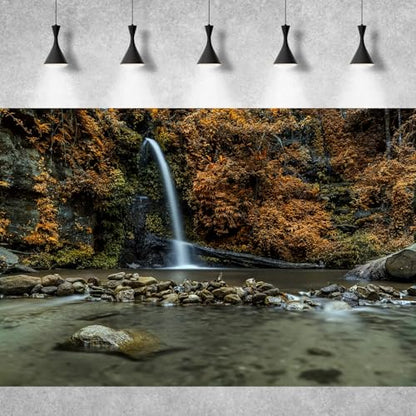 Waterfall Aquarium Background Natural Autumn Forest Yellow Leaves Landscape Terrarium Background Tranquil Lake Stream with Rocks Fish Tank Background Falls Theme Aquarium Backdrop Vinyl 24x12in - color: Brown, size: 24(W)x12(H)in