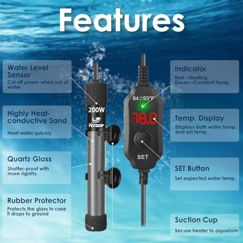 200W Compact Aquarium Heater for 20-40 Gallon Tanks | Submersible Fish Tank Heater with LED Digital Thermostat, Dry-Run & Overheat Protection, Memory Function - size: For Tanks 20-40 Gal