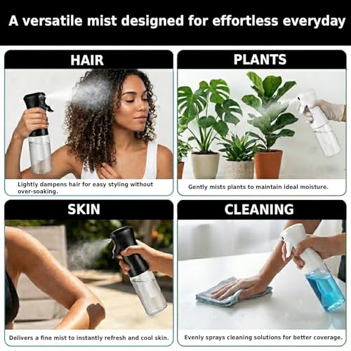 VIGOR PATH 200ml Continuous Mist Spray Bottle for Hair Plants and Skin Care | Ultra Fine Atomizer Leak Proof Ergonomic Construction 360 Refillable - size: 6.7 oz - Black/White