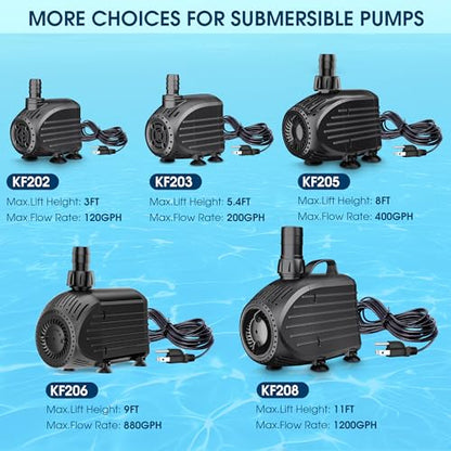 Ultra Quiet Submersible Water Pump 120GPH Size 2.8Lx2.1Wx2.3H in | Water Pump with Dry Burning Protection, 5ft Cord, 3ft High Lift for Fountains, Waterfall, Hydroponics, Aquariums KF202 - size: 120GPH