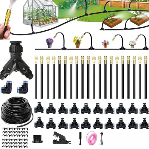 Drip Irrigation System with Brass Nozzles – 2026 Upgrade 100FT Garden Watering Kit with 20Pcs 360° Adjustable Misting Sprinklers Quick Connect Fittings for Raised Beds, Lawn, Patio - size: 100ft + 20 pcs nozzles and connectors