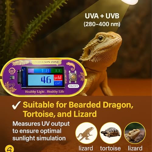 Reptile UVB UVA Light Meter for Bearded Dragon Tank Accessories, Portable Light Meter & Radiation Detector for Reptiles, Test Light and Sunlight Wavelength Meter with CR2032 Battery