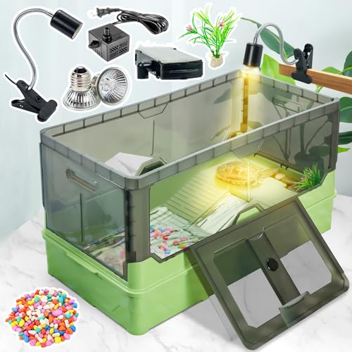 25.6x12.8x14.6 Turtle Tank Kit with Heat Lamp, Filter & Wheels | Aquatic turtle habitat with wheels for moving the tank. Anti-escape lid. Fits small turtles, hermit crabs & frogs. - color: Green, size: 25.6x12.8x14.6 Inch