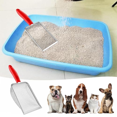 Fine Mesh Metal Reptile Litter Cleaner Scooper, Stainless Steel Mesh Litter Shovel, Black Non-Slip Handle Sifter for Lizard Substrate Reptile Terrarium Sand Waste, Red