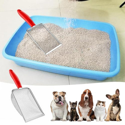 Fine Mesh Metal Reptile Litter Cleaner Scooper, Stainless Steel Mesh Litter Shovel, Black Non-Slip Handle Sifter for Lizard Substrate Reptile Terrarium Sand Waste, Red