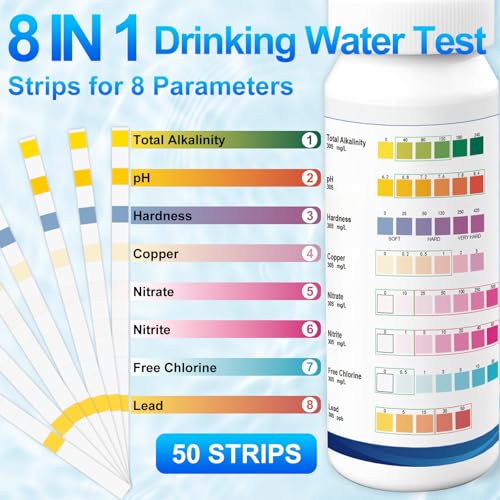Lead Water Test Kit 2026 Upgraded 8 in 1 Home Drinking Water Testing Kits 50pcs, House Tap and Well Water Hardness Tester, Lead Test Strips for Alkalinity, pH, Copper, Nitrite&Chlorine