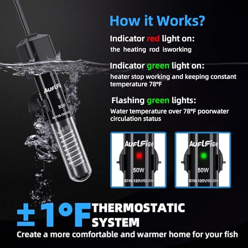 Fish Tank Heater for Aquarium - 50W Samll Aquarium Heater | Submersible Tank Heaters with Mini Aquariums Thermometer for Saltwater Freshwater 5-10 Gallon Tanks