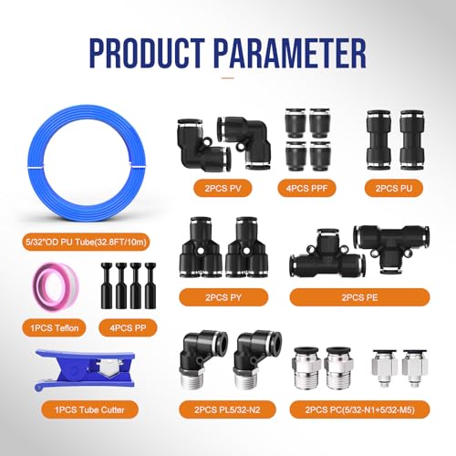 5/32 OD Inch 4mm Air Line Hose Tubing Kit Poly Airline Blue | Polyurethane Compressed Pneumatic Compressor Repair Kit With Push To Connect Fittings - color: Blue, size: 5/32" OD