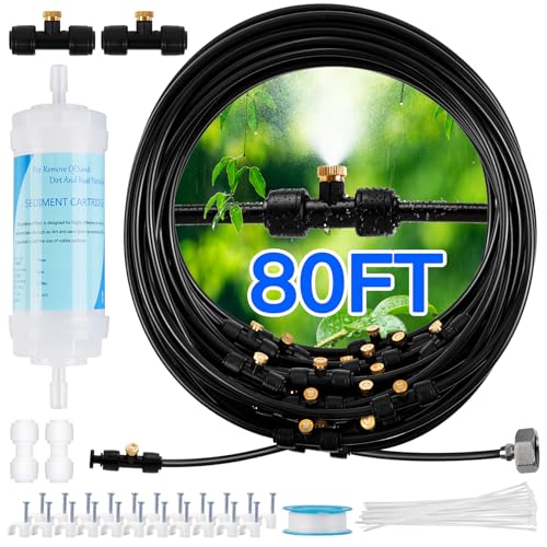 Misters for Outside Patio with Water Filter - 80Ft(24.5M) Misting System Line 30 Brass Mist Nozzles Brass Adapter(3/4") Patio Misters for Cooling Outdoor Greenhouse Backyard Porch Garden Party Pool - size: 80FT/24.5M