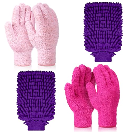 Potchen 6 Pcs Microfiber Dusting Mitt Gloves for Plants Washable Dusting Gloves for House Cleaning Furniture Car Washing - color: Pink,rose Red,purple