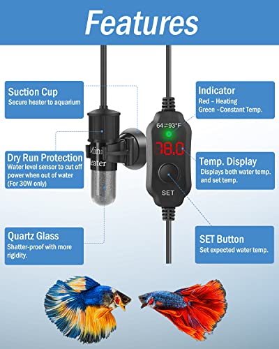 AquaMiracle Mini Aquarium Heater 10W Small Fish Tank Heater for 1-2 Gal Tanks, Digital Display Thermostat Betta Heater with Dry-Run & Overheat Protection, Memory Function - size: ≤ 2 Gal Tanks