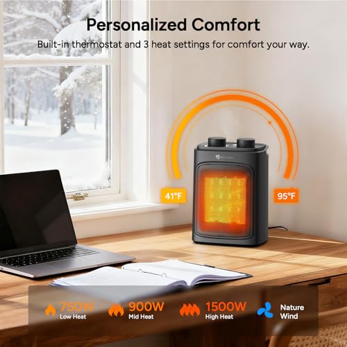 DR.PREPARE 1500W Small Space Heater for Indoor Use, Portable PTC Ceramic Electric Heater with Thermostat, Overheating & Tip-Over Protection, 3 Heat Modes + Fan, Safe Heater for Home Office Bedroom - size: 8.86'' H/Fixed Direction