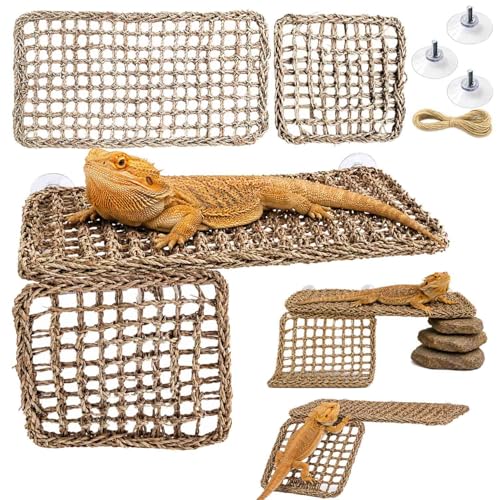 Bearded Dragon Hammock with Built-in Steel Frame, Easy One-Side Mount Reptile Hammock, Flat-Stable Seagrass Lizard Bed & Climbing Ladder for Bearded Dragon Tank (Rectangular Hammock)