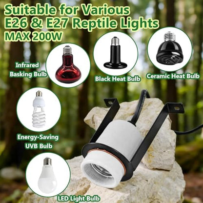 Reptile Ceramic Heat Lamp Holder,Reptile Light Fixture with Thermometer,Pet Terrarium Heat Lamp Bulb Socket Bracket for for Bearded Dragon Lizard Snake Tortoise - size: 3.5*2.4*4.5IN