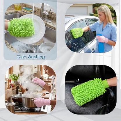 Potchen 6 Pcs Microfiber Dusting Mitt Gloves for Plants Washable Dusting Gloves for House Cleaning Furniture Car Washing - color: Green, Pink, Cyan