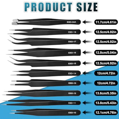10Pcs Precision Tweezers Set, Upgraded Anti-Static Stainless Steel Tweezers with Storage Box, for Craft, Electronics, Jewelry-Making, Laboratory Work, Soldering, DIY