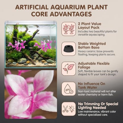 2 Pack 5.43 Inch Pink Plastic Aquarium Plants Fish Tank Decor | Waterproof Mini Desktop Bowl Aquascape Accessory with Weighted Black Base, Fits Finshes Landscapings Aquatic Habitat Layout