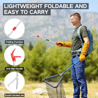 60 "Snake Tongs Collapsible Grabber, Specially used as a Tool for Capturing Reptiles. Wide-Mouth Operation Tool, Stainless Steel Snake Hook, including Animal Handling Gloves and Snake Capture Net