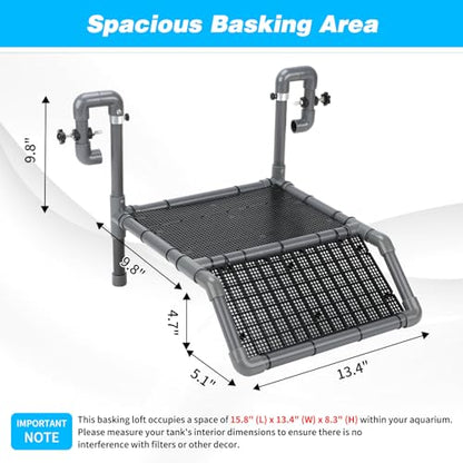 SKARUS Large Hanging Turtle Basking Platform for 55-150 Gallon Tanks | Adjustable Height 7.9"-13.8", Dual Mounted Support Arms, Non-Slip Climbing Ramp, Aquatic Reptiles, Frogs