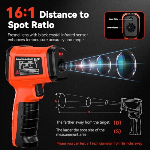 Infrared Thermometer Temperature Gun -58°F to 1796°, 16:1 Non Contact Laser Thermometer Gun with Thermocouple Probe for Humidity, Pizza Oven, Griddle, Ir Temp Gun for Home and Industry Repair - color: -58°F to 1796°F, Orange