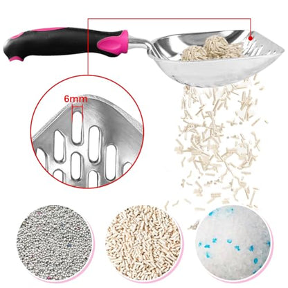 Cat Litter Scoop-Metal Cat Scooper-Long Handle Scoop,Cat Scooper-Poop Sifting-Mesh Shovel-Suitable for Cat Litter Box, (Rose Red)-Christmas - color: Rose Red, size: L