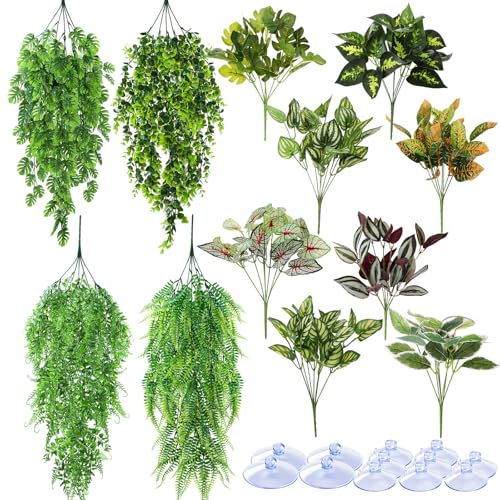 12 Pcs Reptile Plants Terrarium Hanging Plant Vines Artificial Leaves with Suction Cups Climbing Foliage for Bearded Dragon Lizard Gecko Snake Tank Accessories Decor (Lush Series) - style: Lush Series