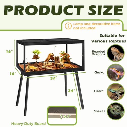 Bearded Dragon Tank with Leg Stand 34 Gallons, Wooden Lizard Tank,Reptile Tank with Metal Mesh Roof Door, Acrylic Panel Snake Tank with Lock Design (Black, 32"x16"x16") - color: Black, size: 32"x16"x16"