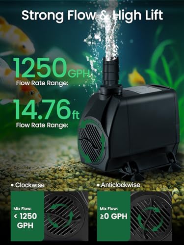GROWNEER 1250GPH Submersible Pump 110W Fountain Water Pump 4700L/H, with 14.7ft High Lift, 4 Nozzles for Aquarium, Fish Tank, Pond, Hydroponics, Statuary, Garden, Black (1250GPH) - size: 1250GPH