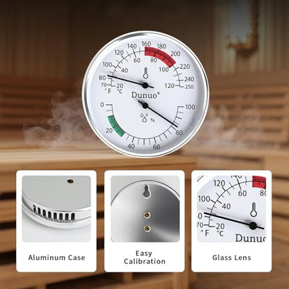 4-Inch Aluminum Sauna Thermometer Hygrometer, °F/°C Dual Scale | Aluminum Housing, Anti-Fog Glass, Easy Calibration, Heat & Humidity Resistant, Battery-Free, Fits Steam & Finnish Sauna