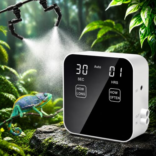 Reptile Mister Automatic with Timer Quiet Mist System for Terrariums | Quiet Operation, Water Shortage Protection, Adjustable 360° Mist Nozzles, Programmable Timing for Reptiles and Plants - color: White