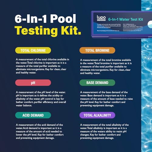 Lupo 6-in-1 Pool Test Kit | Pool Testing Kit for Residential Swimming Pools & Spas for Testing Total Chlorine, Total Bromine, pH, Base Demand, Acid Demand & Total Alkalinity Quick & Accurate Testing - size: 6-in-1 Complete Test Kit