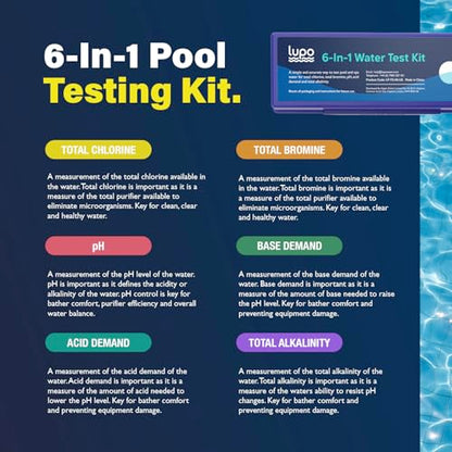 Lupo 6-in-1 Pool Test Kit | Pool Testing Kit for Residential Swimming Pools & Spas for Testing Total Chlorine, Total Bromine, pH, Base Demand, Acid Demand & Total Alkalinity Quick & Accurate Testing - size: 6-in-1 Complete Test Kit