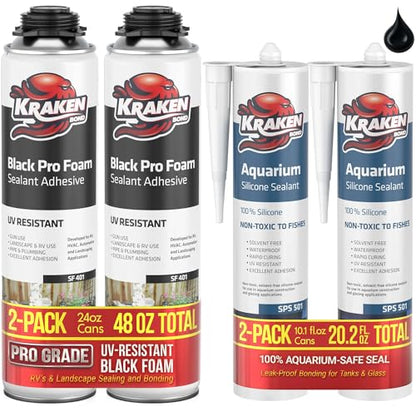 Kraken Bond Black Spray Waterfall Foam Sealant 2x24 oz & Aquarium Silicone Sealant 2x10.1 fl. oz – Bundle for Vivarium, Terrarium, Fountain & Aquascape Background, Foam Gun and Cleaner Not Included - color: Black Foam, size: 2 Pack (Habitat Set)