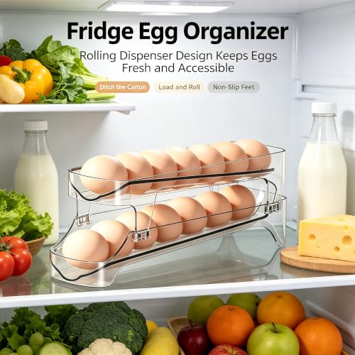 Gagee Clear Egg Holder for Fridge, 2 Layer | Auto Rolling, Space Saving Container, Dispenser Egg Roller, Refrigerator Storage Organizer