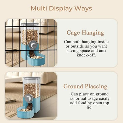 41 oz Hanging Gravity Feeder for Small Animals, Rabbits & Guinea Pigs | Adjustable Cage Height | No-Open-Cage Refill | Space-Saving | Clear Reservoir | Versatile Food Compatibility - color: Blue